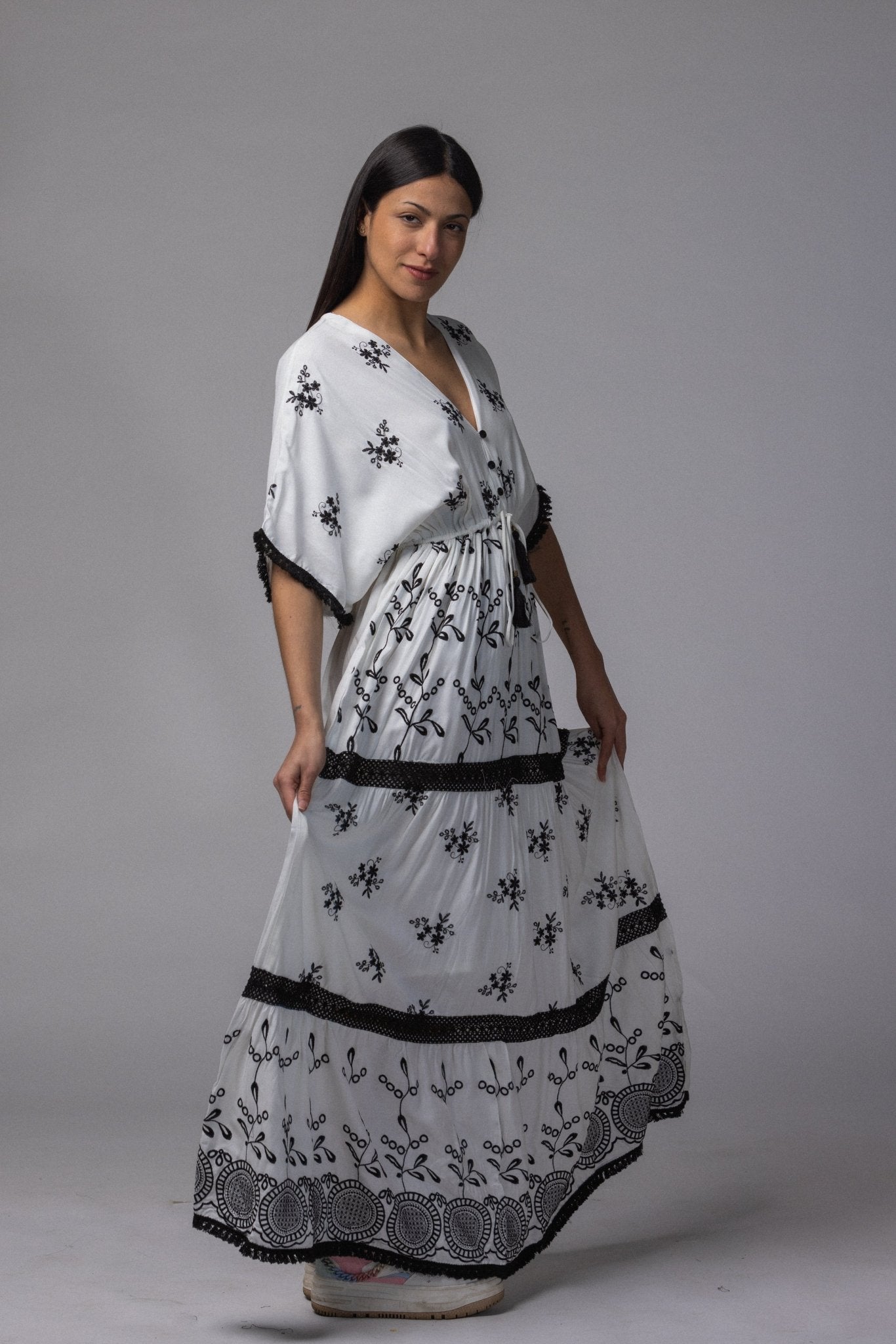 Robe longue avec frange col simple - La Doudounerie