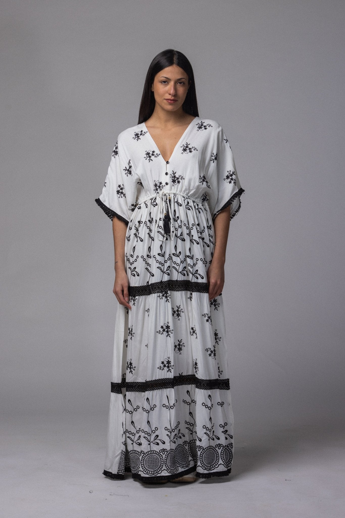 Robe longue avec frange col simple - La Doudounerie