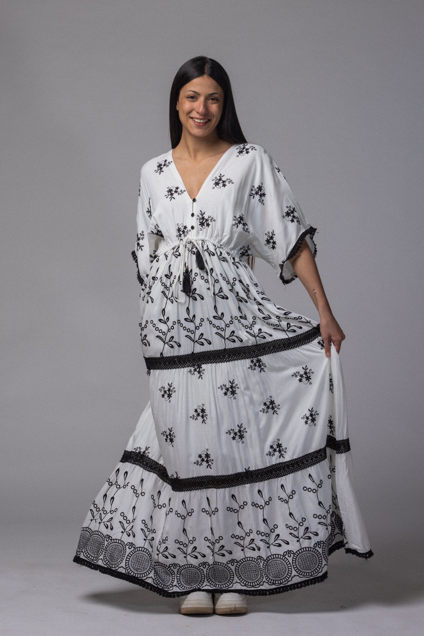Robe longue avec frange col simple - La Doudounerie