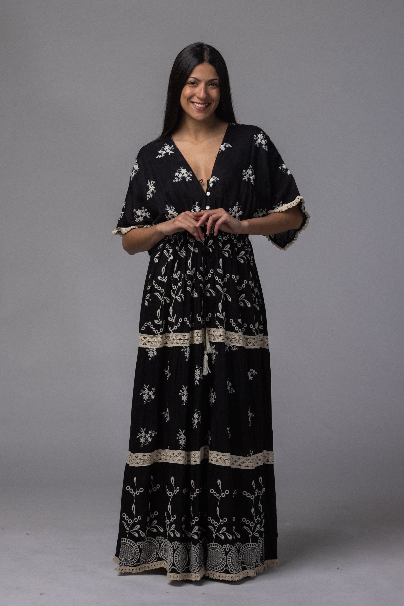 Robe longue volante col V - La Doudounerie