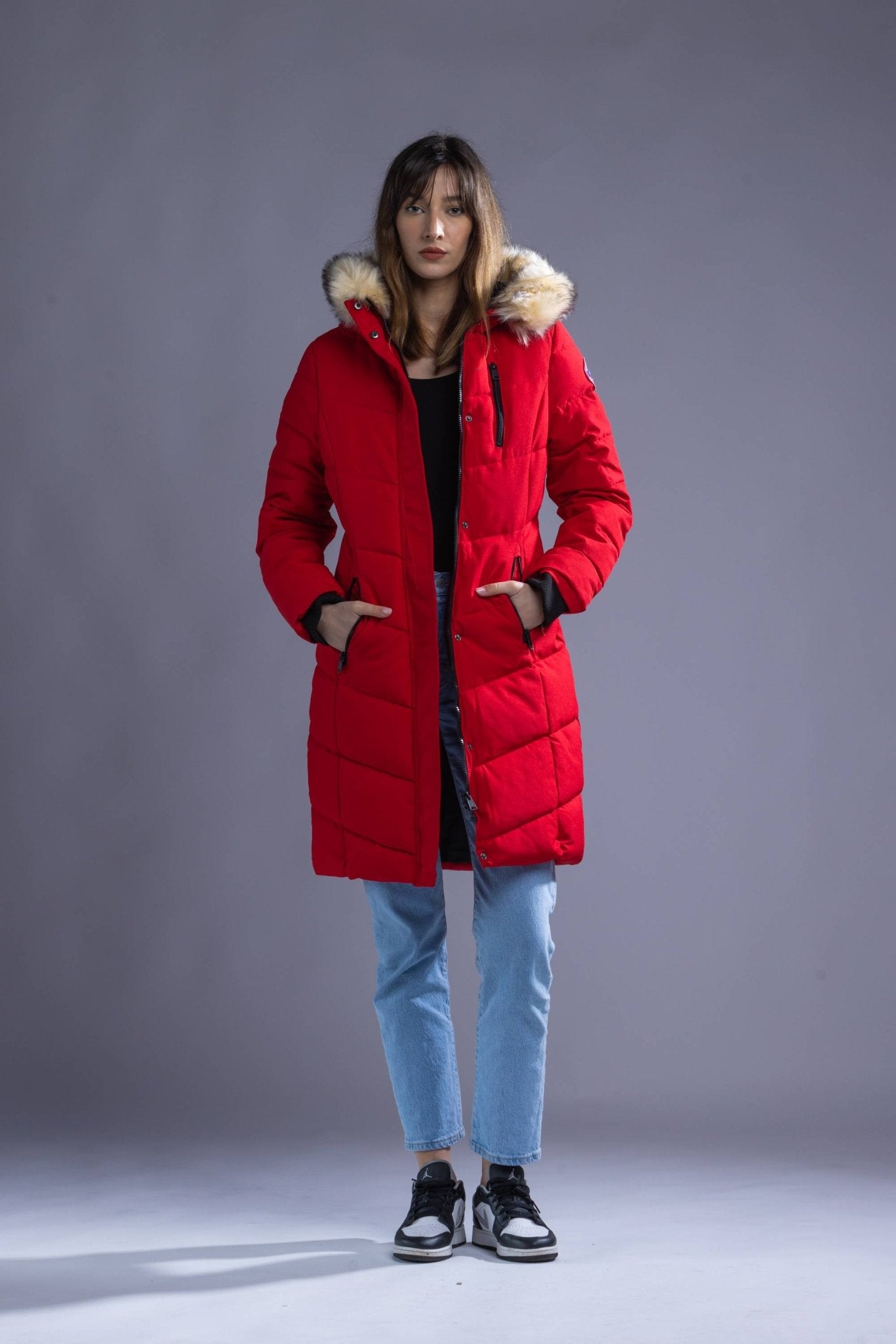 Doudoune Longue Doudoune Rouge Col Fourrure Vêtements