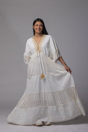 Robe longue brodé doré col V - La Doudounerie