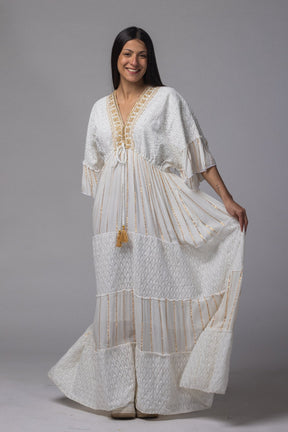 Robe longue brodé doré col V - La Doudounerie
