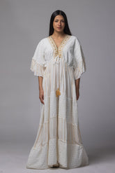 Robe longue brodé doré col V - La Doudounerie