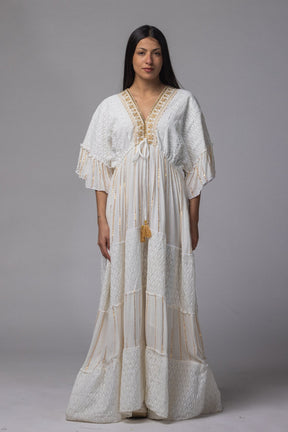 Robe longue brodé doré col V - La Doudounerie