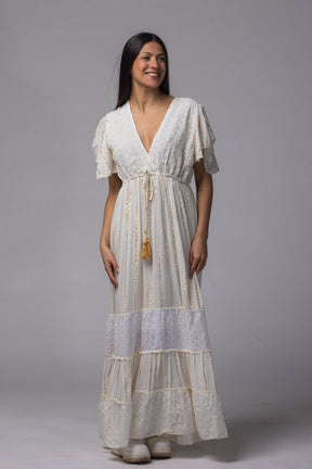 Robe longue brodé doré col V simple - La Doudounerie