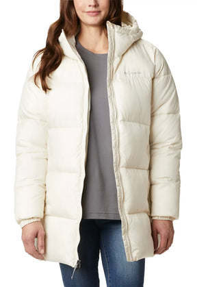Doudoune puffect mid pour femme à capuche couleur beige de face.